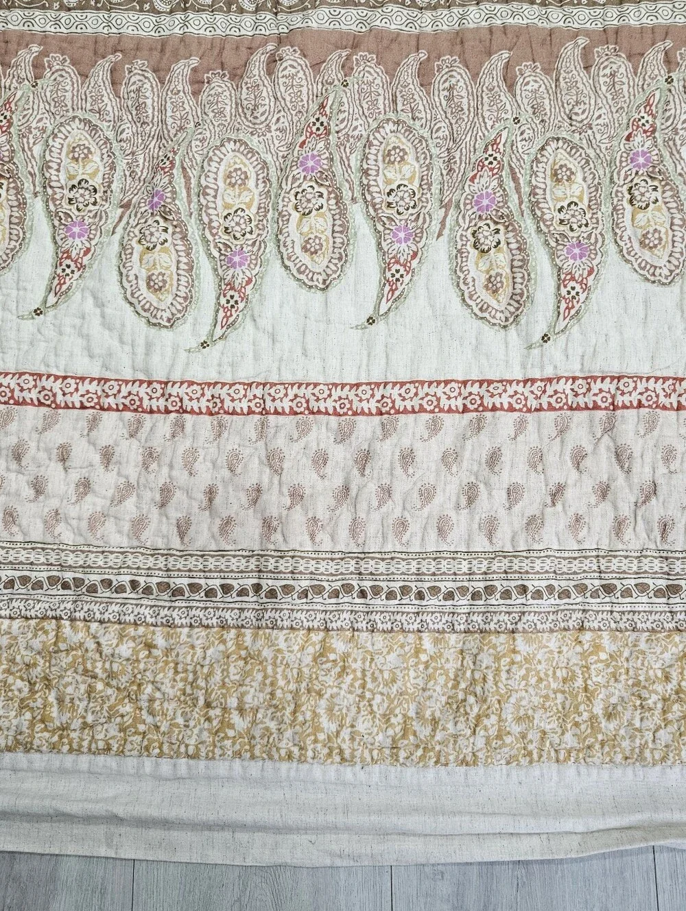 Soft Surroundings Paisley Stripe QUEEN Muslin Quilt Oatmeal Pink Mustard Muted